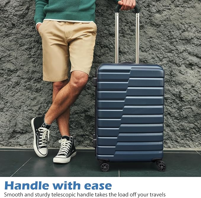 Coolife Larage Luaggage Hardside Expandable Suitcase with Spinner Wheels Checked 28-Inch（Blue）