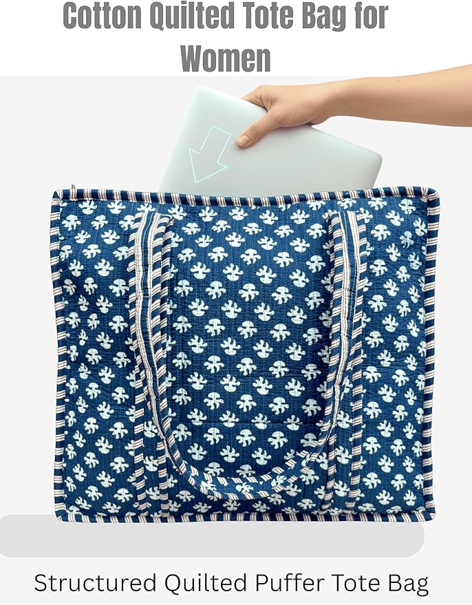 Cotton Quilted Tote Bag for Women – Large Beach & Travel Tote with Zipper, Reusable Grocery Bag