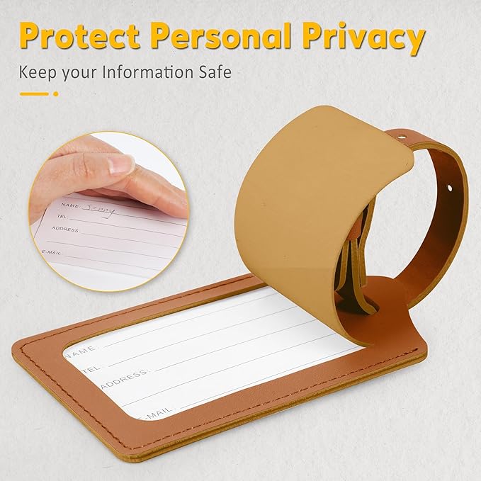 Travelambo Luggage Tags for Suitcases Faux Leather Privacy Protection 12 Pack Bag Tags Travel Accessories Essential, Yellowish Brown