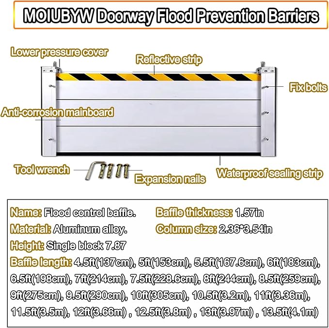 Reusable Flood Barrier, 3/4/5/6/7/8/9/10/11/12/13ft Long Heavy Duty Aluminum Water Barrier Shield for Sliding Glass Door/Driveway/Home Doorway, Removable Stopper Shield with Rubber(H 3.3ft