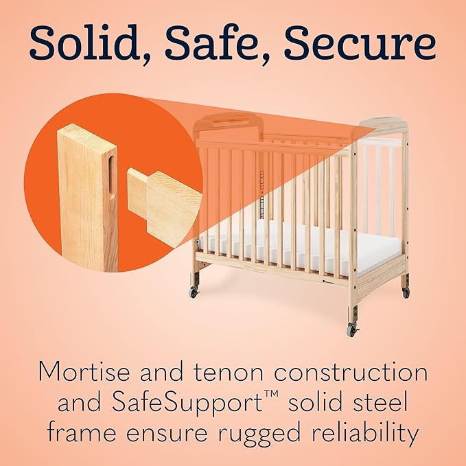 Foundations Serenity Compact Clearview Daycare Crib, Fixed Side, Durable Wood Construction, Non-Marking Casters (2 Locking), Clear End Panels, Includes 3” InfaPure Foam Mattress (White)