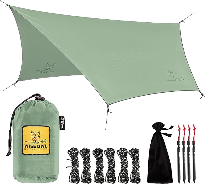 Wise Owl Outfitters Hammock Rain Fly – Waterproof Camping Tarp Cover with Tent Stakes & Carry Bag, Ultralight Shelter for Backpacking & Outdoor Shade