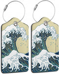 Luggage Tags for Suitcase,2 Pack Japanese Ocean Wave Luggage Tag Leather Privacy Cover ID Label with Stainless Steel Loop for Women Men Kids Girls Travel