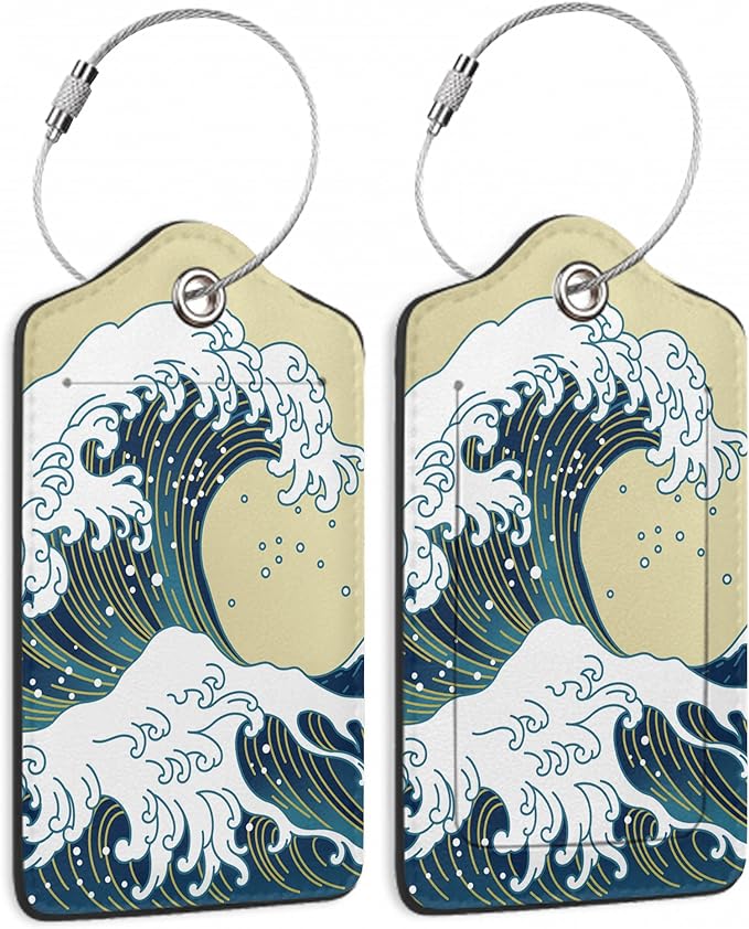 Luggage Tags for Suitcase,2 Pack Japanese Ocean Wave Luggage Tag Leather Privacy Cover ID Label with Stainless Steel Loop for Women Men Kids Girls Travel