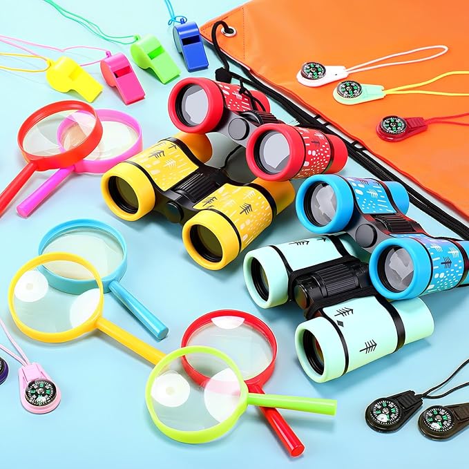 12 Set Binocular Compass Magnifying Glass Set Christmas Birthday Gift Small Telescope Binocular with Whistle Bag for Outdoor Exploring Stocking Stuffer(Mixed Color,Pine)