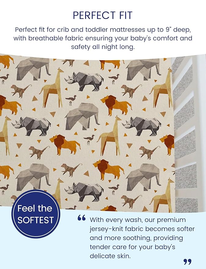 TotAha Premium Stretchy Crib Sheets (2-Pack)-Hypoallergenic, Silky Comfort, Buttery Soft, Calming Effect, All-Season Jersey-Knit Sheets, 9'' Extra Deep Pocket, Zoo Safari & Sea Animals