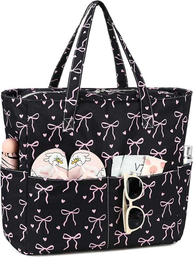 LEDAOU Large Beach Tote Bag Women Waterproof Sandproof Zipper Beach Tote Bag for Pool Gym Grocery Travel with Wet Pocket