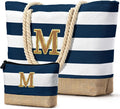 Becokan Beach Bag Initial Beach Tote with Makeup Bag for Travel Work Storage Personalized Birthday Gifts for Women Her