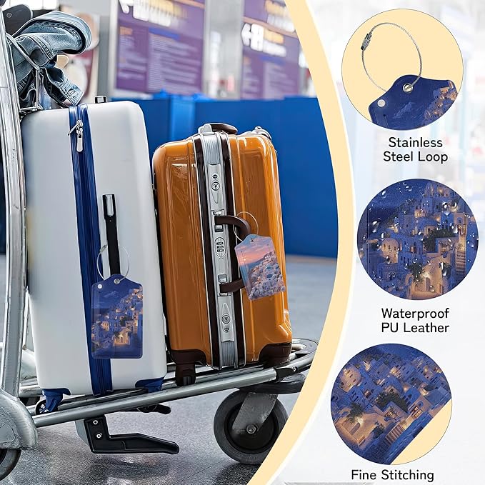Santorini Sunset Landscape Luggage Tag for Suitcase,Design with Privacy Flap Name ID Label Metal Loop, 3 Pack
