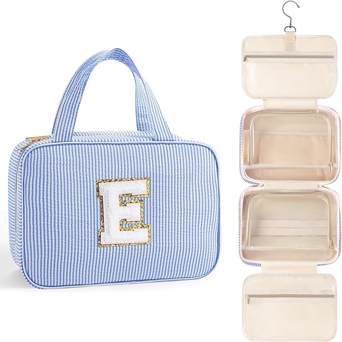 TOPEAST Teen Girl Gifts Trendy Stuff - Birthday Gifts for 7 8 9 10 11 12 13 14 15 16 17 18 Year Old Teen Girls, Hanging Toiletry Bag Initial Makeup Bag - Letter E, Blue