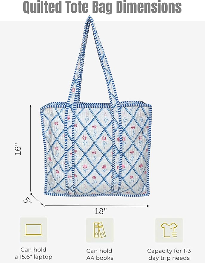 Cotton Quilted Tote Bag for Women – Large Beach & Travel Tote with Zipper, Reusable Grocery Bag