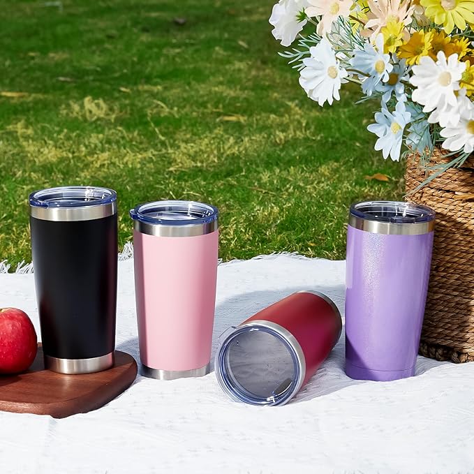 MEWAY 20oz Tumbler 4 Pack Double Wall Vacuum Insulated Travel Mug Bulk, Stainless Steel Tumblers with Lid and Straw, Durable Powder Coated Coffee Cups for Cold & Hot Drinks (Black, 4)