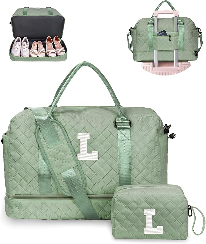 Teacher Gifts, Tween Girls Trendy Stuff-Initial Travel Bag with Shoe Compartment, Kid/Girl Weekender Bag, Monogram Overnight Bag for Women, Letter Travel Bag with Makeup Bag (Letter K)