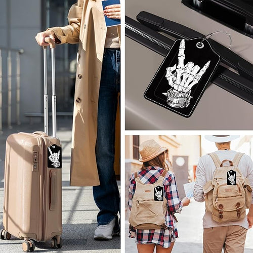 2 Pcs Skull Luggage Tags for Suitcases, Black Leather Luggage Tags, Privacy Cover ID Label with Stainless Steel Loop & Address Card, Funny Skull Travel Bag Tag Luggages Accessories for Suitcases
