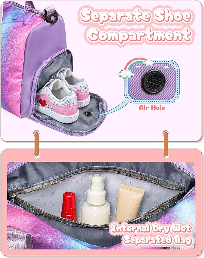 Gifts for 4 5 6 7 8 9 10 11 Year Old Girls-Girl Gym Bag with Shoe Compartment, Kid Personalized Weekender Bymnastic Bags, Initial Travel Tote with Makeup Pouch, Dance Bag Gift (Letter A)