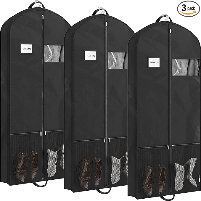 Simple Houseware 60-Inch Travel Garment Bag with Pockets, Non-Woven | Lightweight, Black, 3 Pack