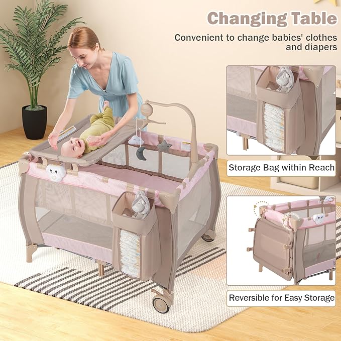 HONEY JOY Pack and Play, 3 in 1 Portable Baby Playard with Bassinet, Changing Table, Lockable Wheels, Music Box, Foldable Travel Baby Crib Nursery Center from Newborn to Toddler (Coffee Pink)