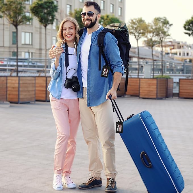 2 Pack Leather Luggage Tag for Suitcase Vintage Baseball American Flag Unique Travel Tags with Privacy Cover ID Label & Stainless Steel Loop for Men and Women Baggage