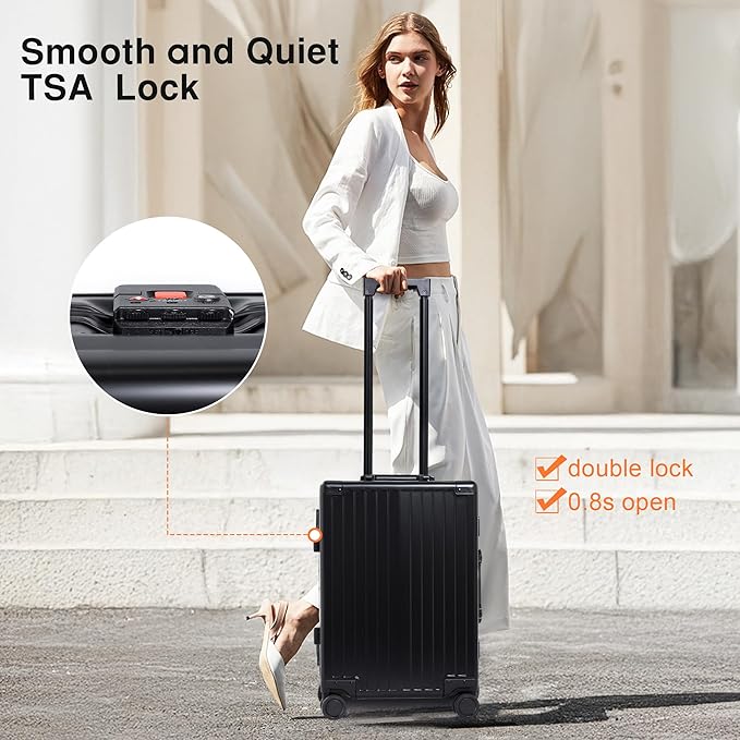 All Aluminum Carry On Luggage 22x14x9 Airline Approved，Hard Shell Carry On Luggage, Zipperless Luggage Aluminum Suitcase Luggage (black, 20inch)