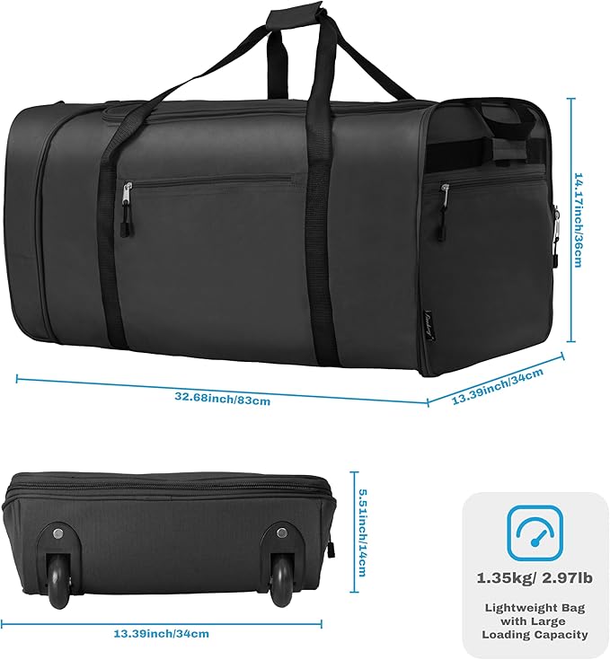 Finnhomy 100L Foldable Rolling Duffel Bag with 2 Wheels, Light Weight Travel Duffel bag with Large Loading Capacity, 32 inch Rolling Duffel bag with Shoulder Strap for Travel Camping Sports, black
