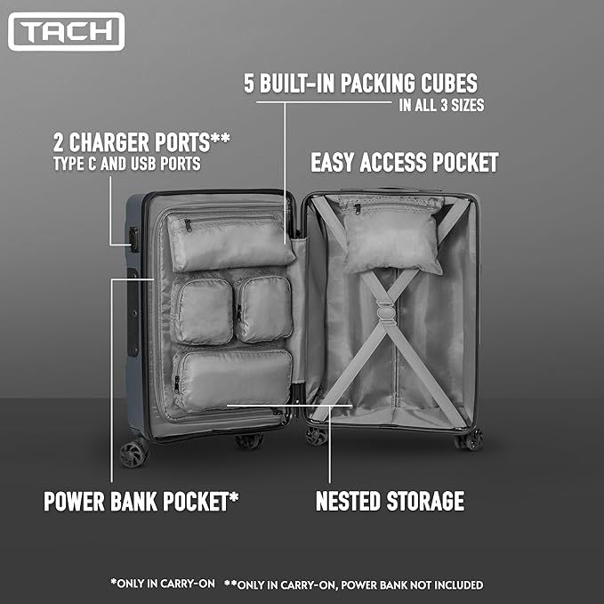 Tach V3.1 Hard Shell 2 Piece Luggage Set - 20 & 28 inch Luggage | Carry On & Large Checked Suitcases | Patented Built-In Connecting System | Rolling Suitcase Links 9 Bags (Grey)