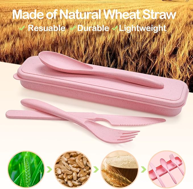 Reusable Travel Utensils Set with Case, 4 Sets Wheat Straw Portable Knife Fork Spoons Cutlery, Eco-Friendly BPA Free Plastic Tableware for Kids Adults Travel Picnic Camping Utensils
