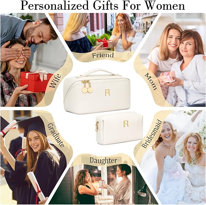 Birthday Gifts for Women Teen Girl, Personalized Initial Makeup Organizer Bag Set, Open Flat Travel Cosmetic Bag With Clear Divider and Handle(Beige,R)