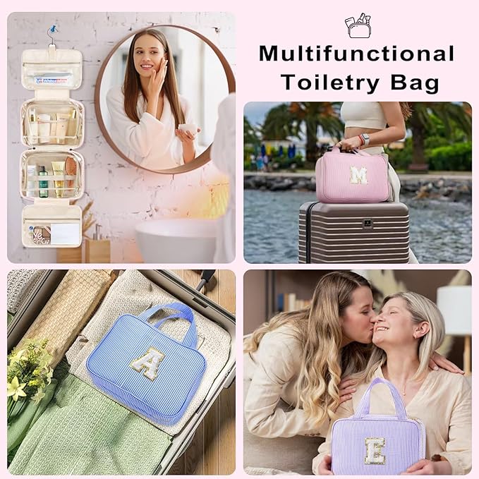 TOPEAST Hanging Toiletry Bag for Women - Travel Toiletry Bag Makeup Bag, Portable Toiletries Cosmetic Bag, Airplane Travel Essentials - Letter N, Blue