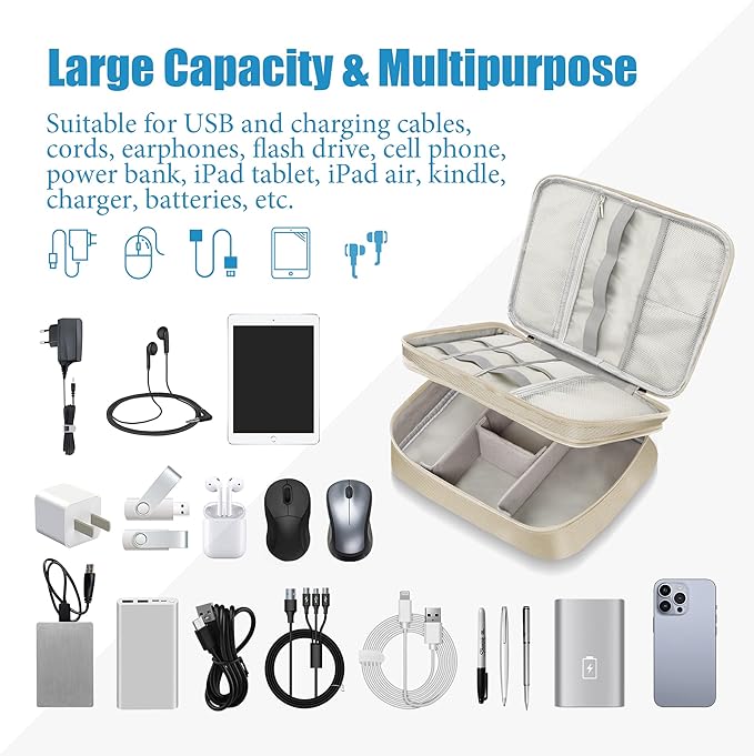 SELLYFELLY Electronics Travel Organizer, Double Layer Cable Organizer Bag Watreproof Electronics Accessories Storage Bag for Cord, Charger, Phone, Power Bank, Hard Drive