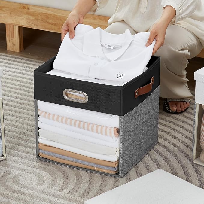 Fabric Storage Cubes with Clear Windows and Lids 11'' Foldable Storage Bins with 3 Handles, Decorative Storage Boxes for Home, Bedroom, Closet, Office (Black&Gray)