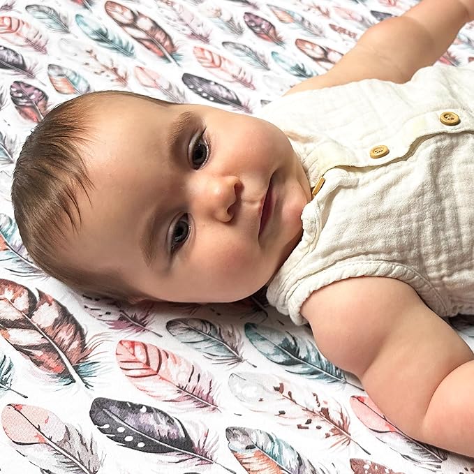 Quiggly Travel Crib Sheets for Guava Lotus, 2 Pack Organic Cotton Jersey Knit, Vibrant Feather & Dandelion Patterns - Fits Crib Mattress for Boys & Girls