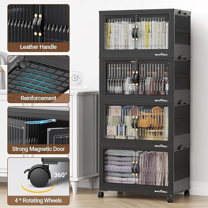 BROVIEW 240Qt Stackable Storage Bins with Lid, Extra Large Closet Organizer Collapsible Drawer Boxes with Wheels, Folding Plastic Cabinet Containers for Home Kitchen Room Organization, 3Pack Black