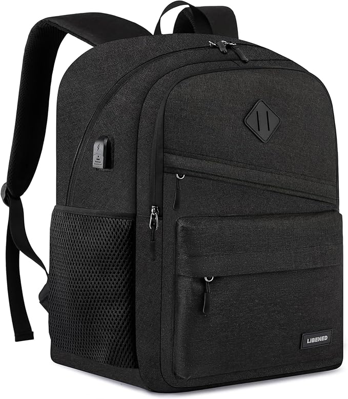 School Backpack for Teens Boys, 15.6 Inch Laptop Backpack with USB Charging Port & Water Resistant Design, College High School Book Bag for Students, Black