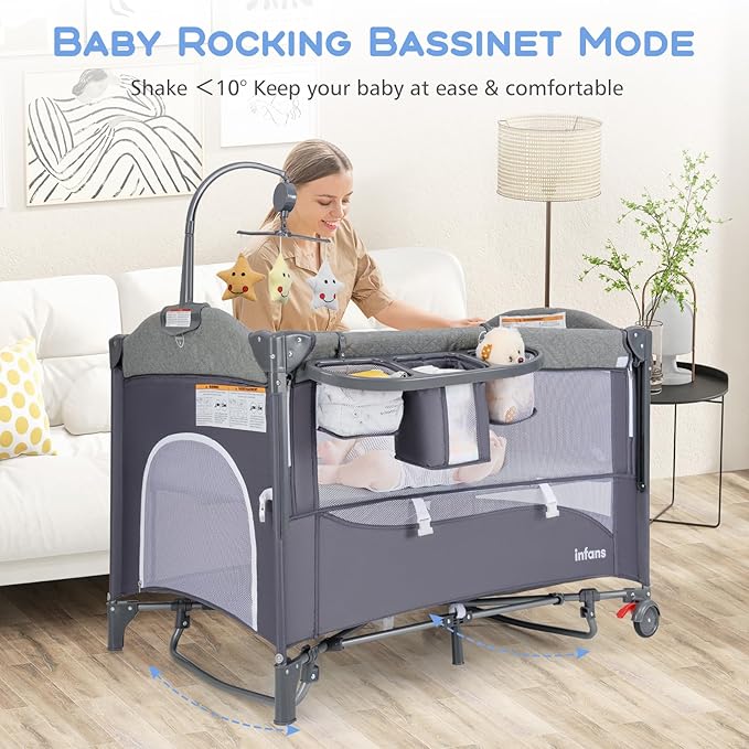 INFANS Pack and Play, 5 in 1 Baby Bedside Sleeper with Bassinet, Diaper Changer, Mattress, Carry Bag, Music Box Hanging Toys, Foldable Bedside Crib, Portable Playard for Newborn Toddlers (Classic)