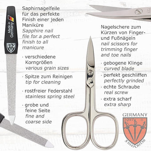 3 Swords Germany – brand quality 10 piece manicure pedicure grooming kit set for nail care tweezers file clipper, Made by 3 Swords (BLACK - GENUINE LEATHER)