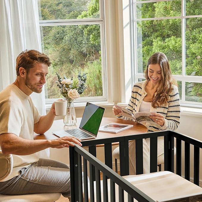 EvoNook 6-in-1 Convertible Mini Crib, 100% New Zealand Solid Wood, 4 Adjustable Mattress Heights, Black with Matttress (Crib with Mattress, Black)