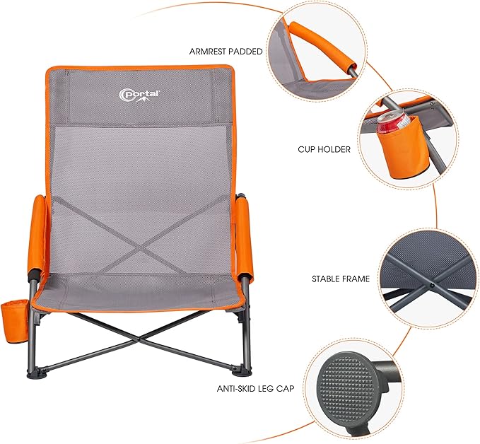 PORTAL Beach Chairs for Adults Camping Low Lightweight Portable Chair with Cup Holder Mesh Back Carry Bag for Outdoor Sand Lawn Travel Picnic Festival Concert, 350LBS