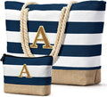Becokan Beach Bag Initial Beach Tote with Makeup Bag for Travel Work Storage Personalized Birthday Gifts for Women Her