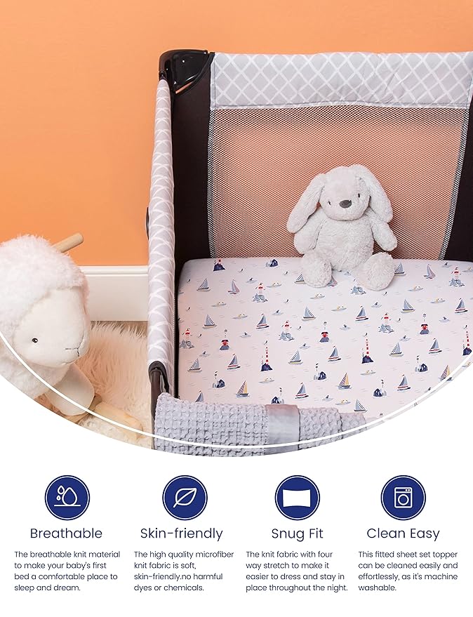 TotAha Premium Stretchy Pack N Play Playard Sheets | Mini Crib Sheets (2-Pack)-Hypoallergenic, Silky Comfort, Buttery Soft, Calming Effect, All-Season Jersey-Knit Sheets 38 X 24 (Balloon & Sailboat)