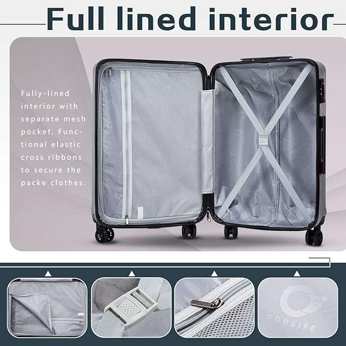 Coolife Luggage Suitcase PC+ABS with TSA Lock Spinner Carry on Hardshell Lightweight 20in 24in 28in (grey, L(28IN))