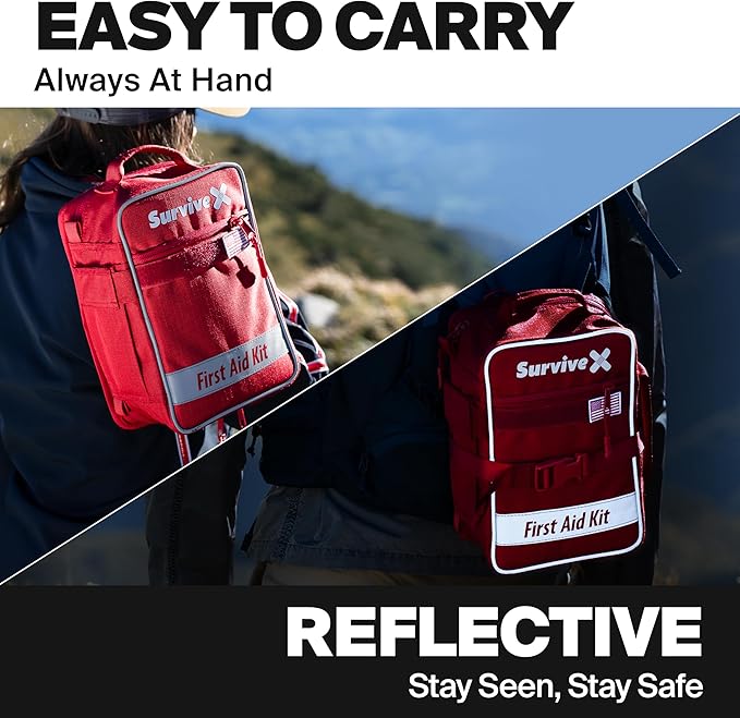 Large First Aid Kit for Car, Travel & Home - Emergency Kit for Hiking, Camping, Backpacking and Outdoors - Includes Zip Stitch Wound Closure Strips