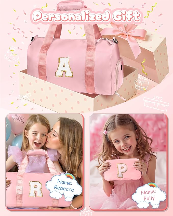 8 Year Old Girl Birthday Gift -Girl Gym Bag with Shoe Compartment, Kid Gymnastics bag, Initial Cheer Bags with Makeup Pouch, Valentines Day Gift for Girls Toddler(Letter R)