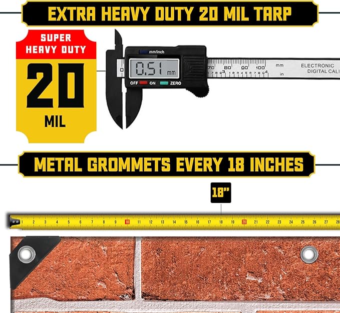 Core Tarps Extreme Heavy Duty 20 Mil Tarp Cover, Waterproof, UV Resistant, Rip and Tear Proof, Poly Tarpaulin with Reinforced Edges for Roof, Camping, Patio, Pool, Boat (Bricks/Black 12′ X 25′)