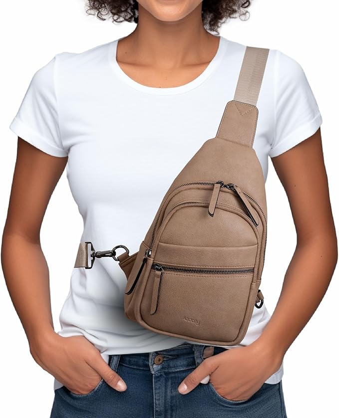 Alldaily Large Sling Bag for Women Crossbody Purse Leather Fashionable Trendy Chest Bag for Travel, Fanny Pack (Beige)