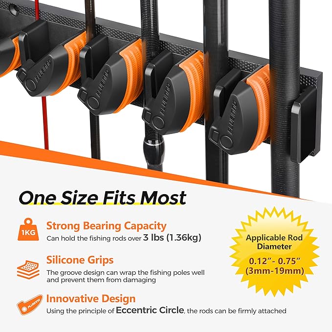 PLUSINNO V9 Vertical Fishing Rod Holders, Wall Mounted Fishing Pole Holders, Fishing Rod Rack Holds Up to 9 Rods or Combos, Fishing Rod Holders for Garage, Fits Most Rods of Diameter 3-19mm