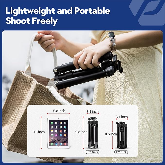 Fotopro Mini Tripod with Ball Head, Phone Mount Detachable Selfie Stick, Folded only 8.6", Max Load up to 6.6 lbs. FY-810 Black
