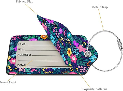 2 Pcs Luggage Tags for Suitcase, Cute Unique PU Leather Travel Bag Tag with Privacy Cover ID Label Address Card and Durable Metal Ring Suitable for Men Women Children Backpack,Purple Flowers