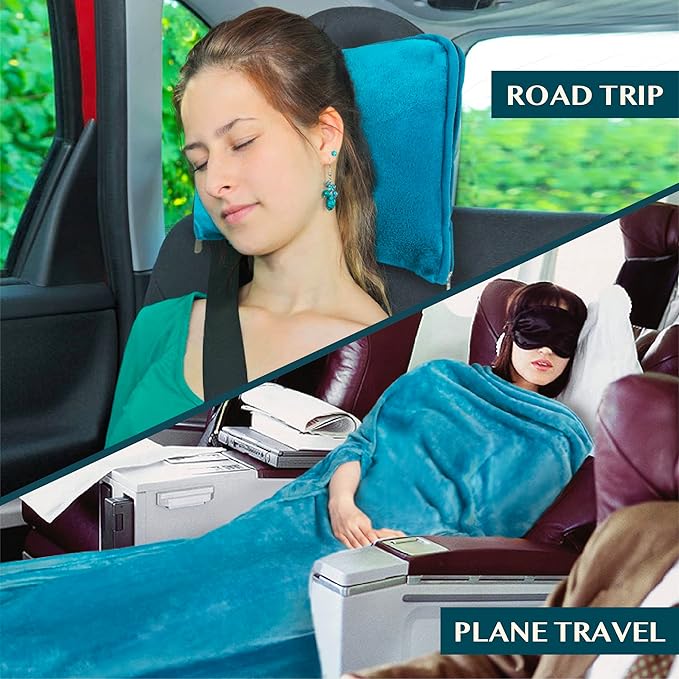 PAVILIA Travel Blanket and Pillow, Arms Opening Airplane Blankets for Adults, Compact Plane Blanket with Arm Hole 2-in-1 Bag for Flight Car Camping Fit in Luggage Backpack Traveler Gift, Teal Blue