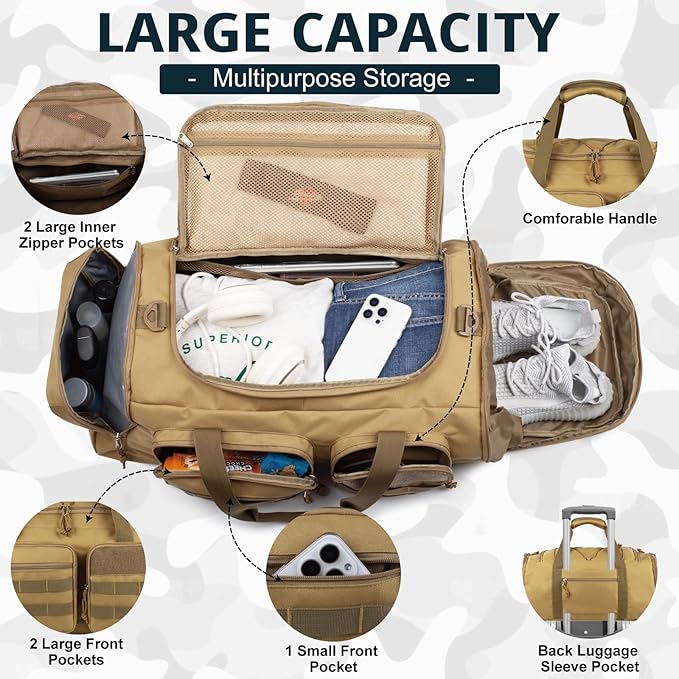 Tactical Gym Bag for Men，50L Large 3 in 1 Sports Duffle Bag with Shoes Compartment for Travel,Water Resistant Travel Backpack Weekender Overnight Bag with Wet Pocket for Women