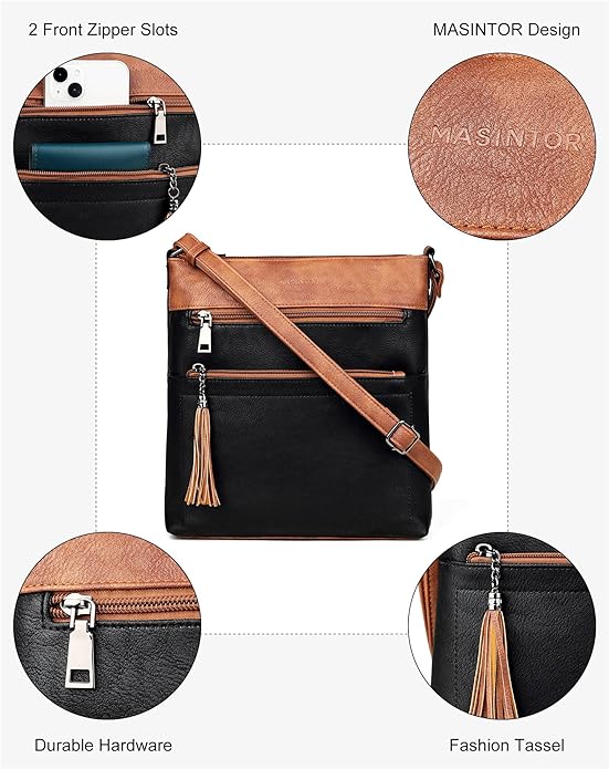 MASINTOR Crossbody Purses for Women, Multi Pocket Casual Crossbody Bag, Adjustable Strap Shoulder Bag with Tassel